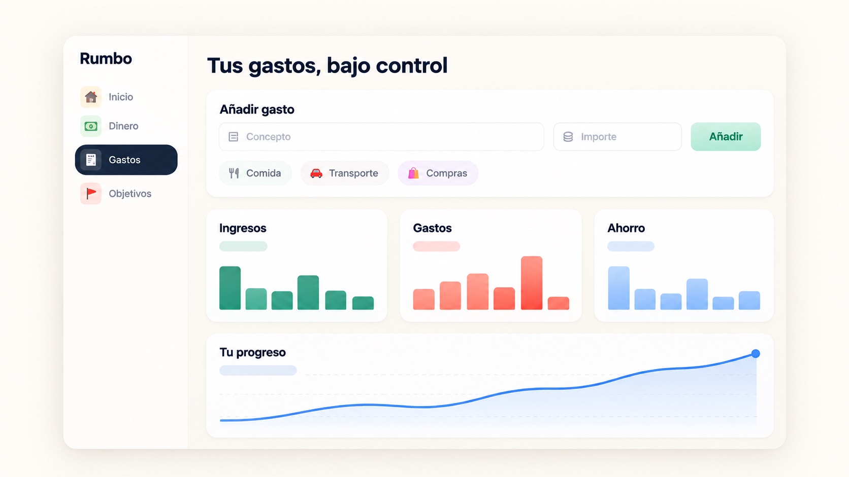 Pantalla de Gastos de Rumbo: añadir gasto, categorías, ingresos, gastos, ahorro y progreso